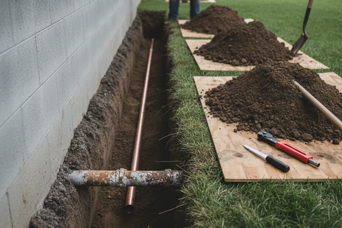 Excavated water line trench during Sewer Line Repair in Chipley